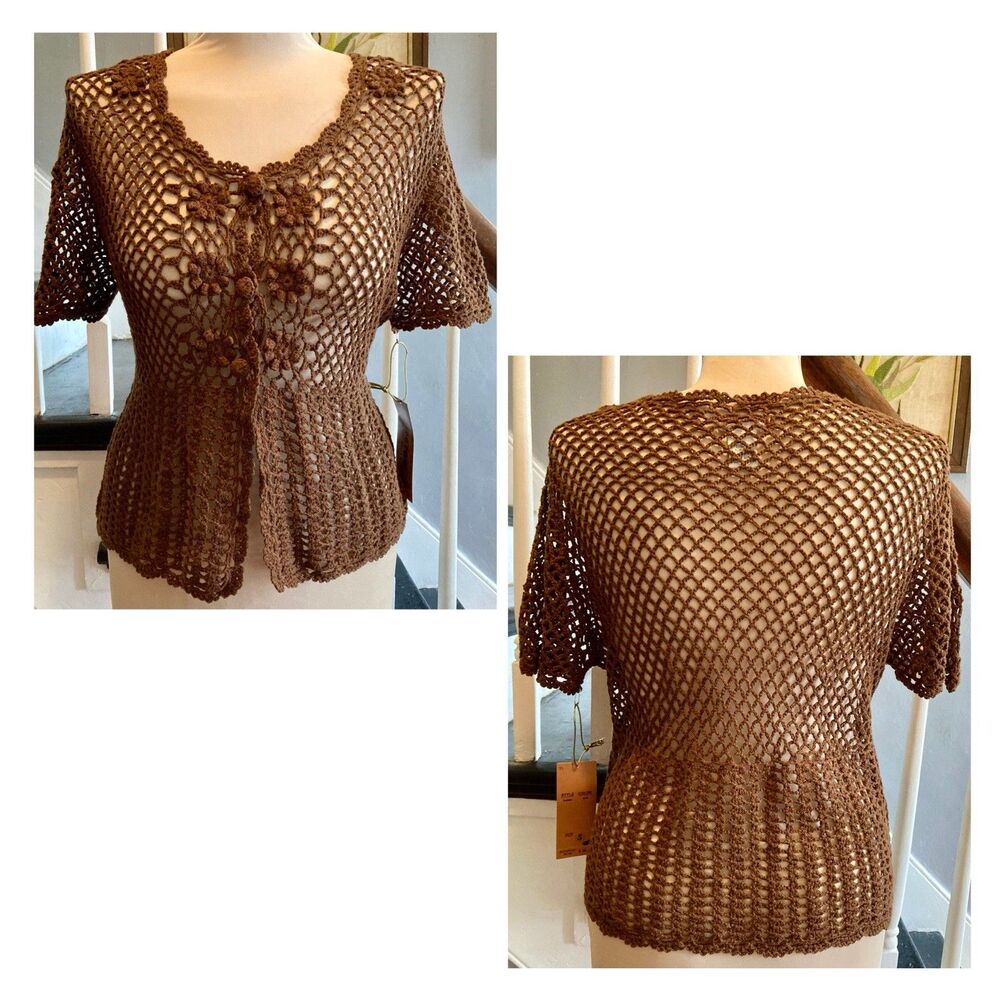 2000s Y2k Brown Cotton Crochet Floral Cardigan Short Sleeve Babydoll Vest 70s